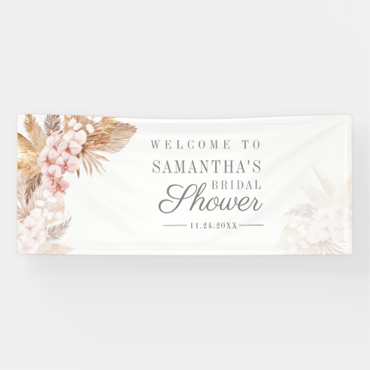 Pampas Gras Roze Bloemige Bruidsdouche Spandoek (Horizontaal)