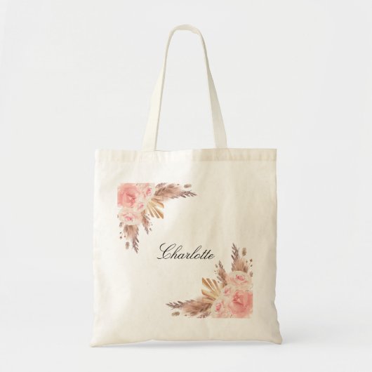 Pampas gras roze goud bloem wit naam tote bag (Voorkant)