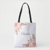 Pampas gras roze goud bloem wit naam tote bag (Voorkant)