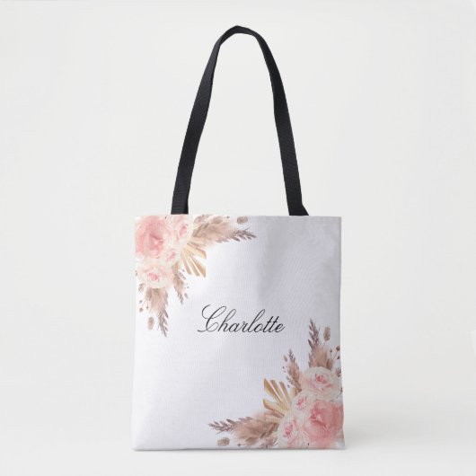 Pampas gras roze goud bloem wit naam tote bag (Voorkant)