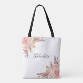 Pampas gras roze goud bloem wit naam tote bag (Achterkant)
