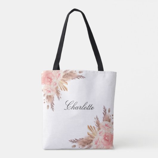 Pampas gras roze goud bloem wit naam tote bag (Achterkant)