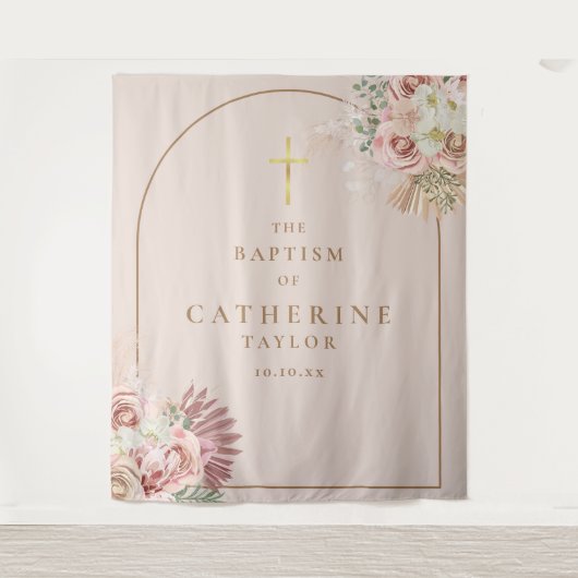 Pampas gras roze gouden boog doop foto achtergrond wandkleed (Voorkant)