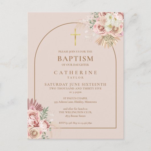 Pampas Gras Roze Gouden Boog Doop Uitnodiging  (Voorkant)