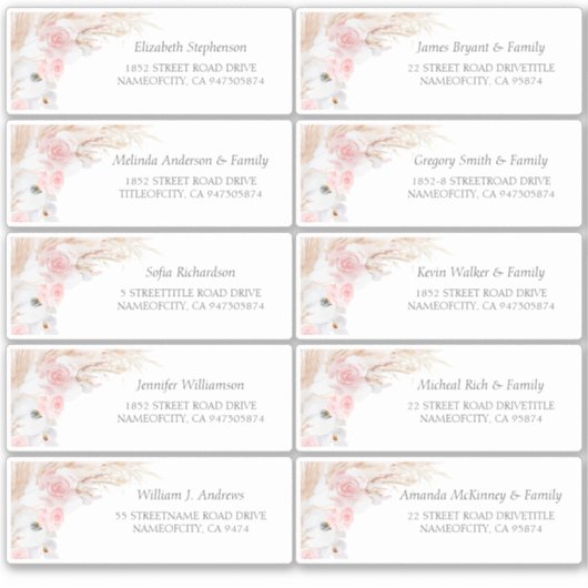 Pampas Gras Roze Naamkaartjes Adreslabels Sticker (Voorkant)