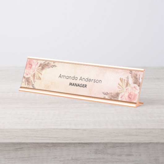 Pampas gras roze roze goud bureau naambordje (Voorkant)