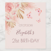 Pampas gras roze rozen perzik vlinders verjaardag wijn etiket (Enkel label)