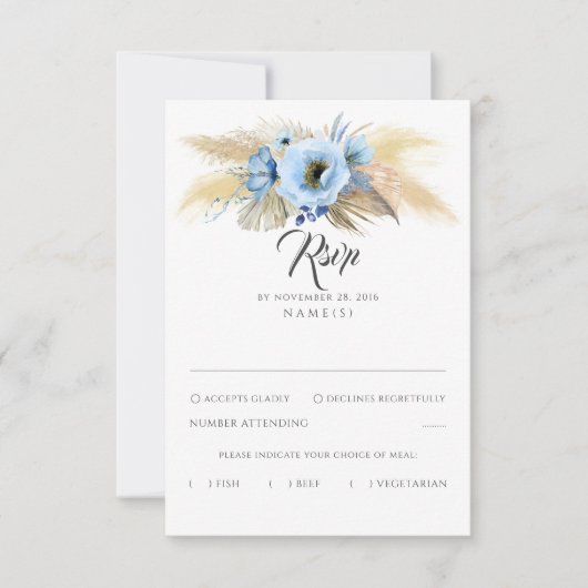 Pampas Gras Stoffig Blauw Bloemen Bruiloft RSVP (Voorkant)