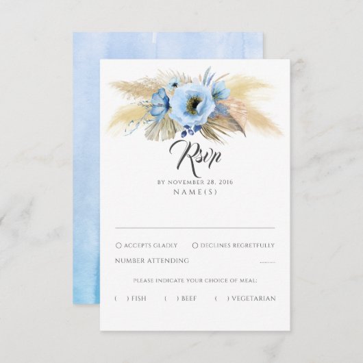 Pampas Gras Stoffig Blauw Bloemen Bruiloft RSVP (Voorkant / Achterkant)