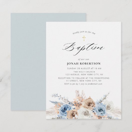 Pampas gras stoffige blauwe bloemen doop kaart (Voorkant / Achterkant)