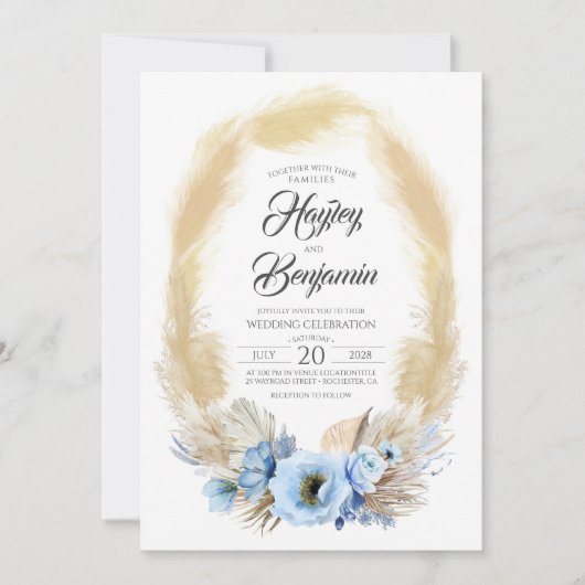 Pampas Gras Stoffige Blauwe Bloemen Tropische Brui Kaart (Voorkant)