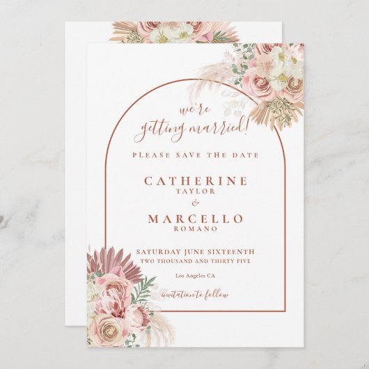 Pampas Gras Terracotta Boog Boho Bruiloft Save The Date (Voorkant / Achterkant)