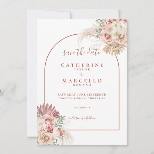 Pampas Gras Terracotta Boog Foto Bruiloft Save The Date (Voorkant)