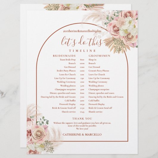 Pampas Gras Terracotta Trouwdag Schema Tijdschema (Voorkant / Achterkant)