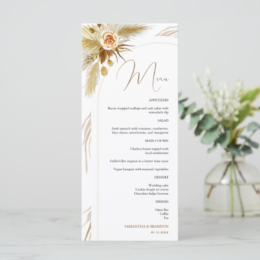 Pampas gras tropische waterverf boho bruiloft menu (Staand voorkant)