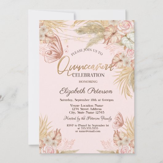 Pampas Gras Vlinders Quinceañera  Kaart (Voorkant)