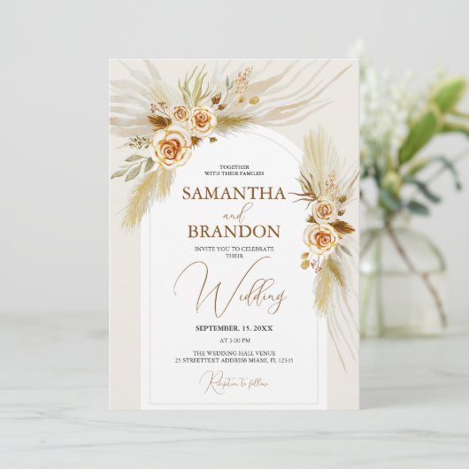 Pampas gras waterverf boho bruiloft kaart (Staand voorkant)