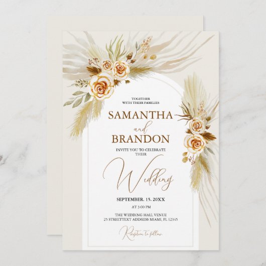 Pampas gras waterverf boho bruiloft kaart (Voorkant / Achterkant)