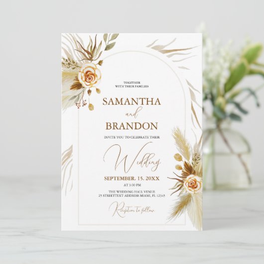 Pampas gras waterverf boho elegante bruiloft kaart (Staand voorkant)