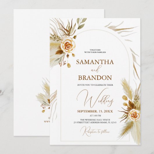 Pampas gras waterverf boho elegante bruiloft kaart (Voorkant / Achterkant)