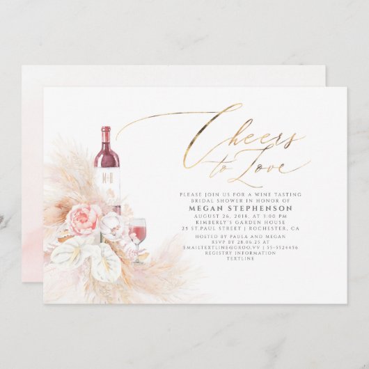 Pampas Gras Wijnproeverij Bruids Douche Uitnodigin Kaart (Voorkant / Achterkant)