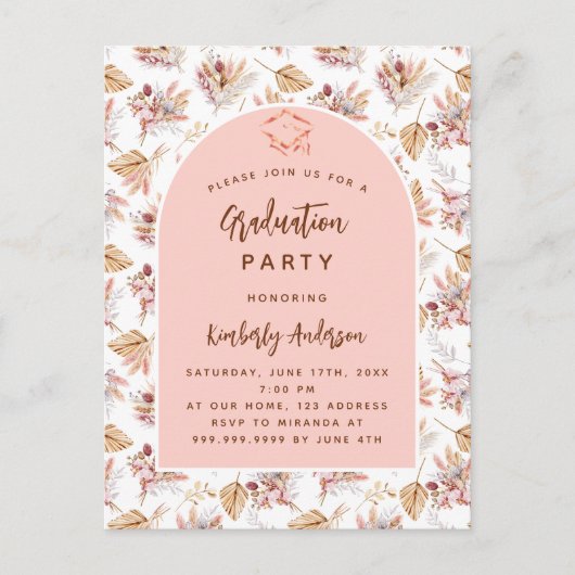 Pampas grasbloemen roos gouden afstudeerfeest uitnodiging briefkaart (Voorkant)