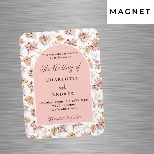 Pampas grasbloemen roos gouden huwelijksuitnodigin magneet