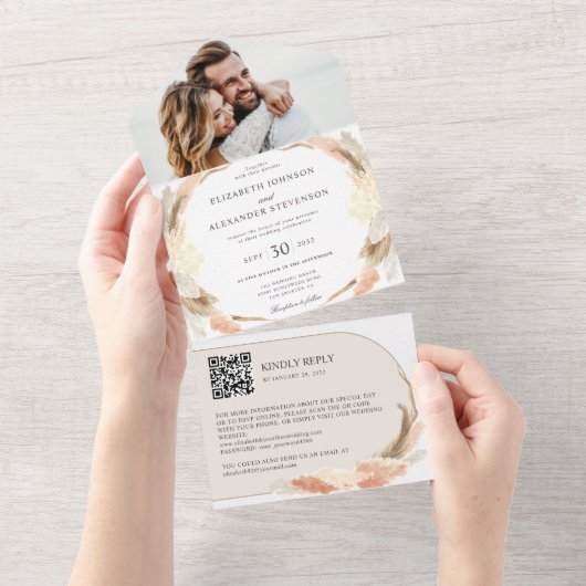 Pampas grasboho foto QR code bruiloft All In One Uitnodiging (Afscheurbaar)