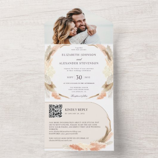 Pampas grasboho foto QR code bruiloft All In One Uitnodiging (Binnen)