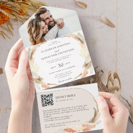 Pampas grasboho foto QR code bruiloft All In One Uitnodiging