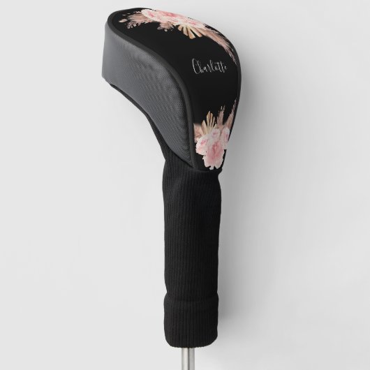 Pampas grasboho roos goudfloranje zwarte naam golfheadcover (Schuin)
