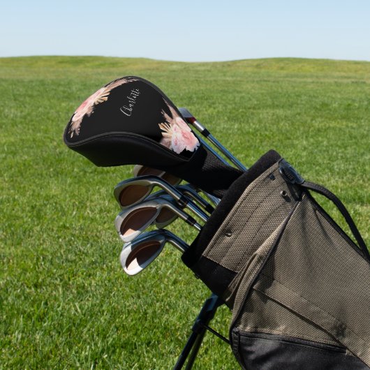 Pampas grasboho roos goudfloranje zwarte naam golfheadcover (Insitu)