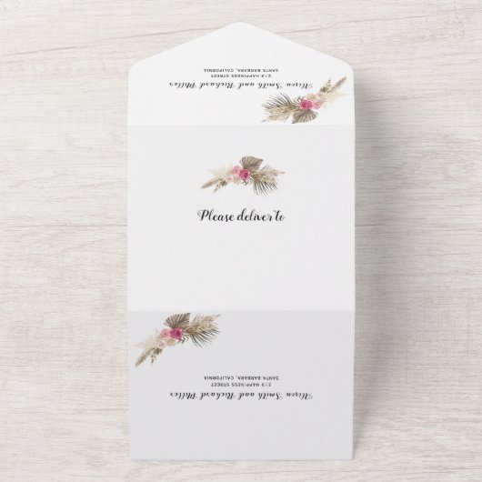 Pampas graspalm bladeren rozen terracotta bruiloft all in one uitnodiging (Buitenkant)