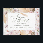 Pampas graspalmfoliage orchid modern rustig aankondigingskaart<br><div class="desc">Pampasgras,  palmblad,  gebladerte en orchideeënbloem natuurlijke moderne rustieke bruiloft sparen de datumuitnodiging. Onderdeel van een bruiloft collectie. Mooie elegante scripttekst en natuurlijke,  moderne gebladerte grassen. Ideaal lente,  zomer,  herfst,  herfst of winter bruiloft thema.</div>