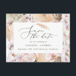 Pampas graspalmfoliage orchid modern rustig aankondigingskaart<br><div class="desc">Pampasgras,  palmblad,  gebladerte en orchideeënbloem natuurlijke moderne rustieke bruiloft sparen de datumuitnodiging. Onderdeel van een bruiloft collectie. Mooie elegante scripttekst en natuurlijke,  moderne gebladerte grassen. Ideaal lente,  zomer,  herfst,  herfst of winter bruiloft thema.</div>