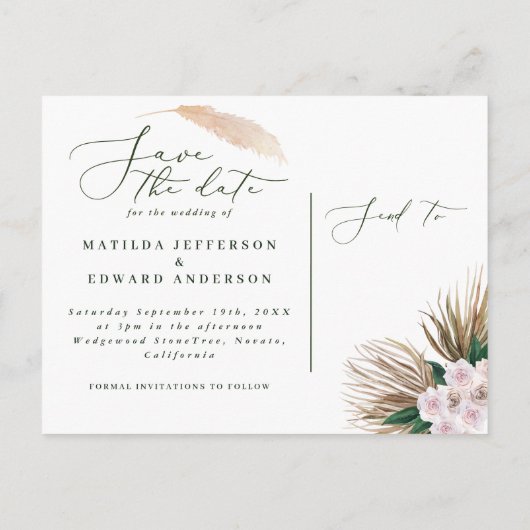 Pampas graspalmfoliage orchid modern rustig aankondigingskaart (Achterkant)