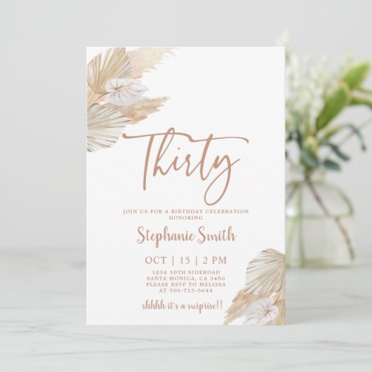 Pampas Grass 30th Birthday Invitation Kaart (Staand voorkant)