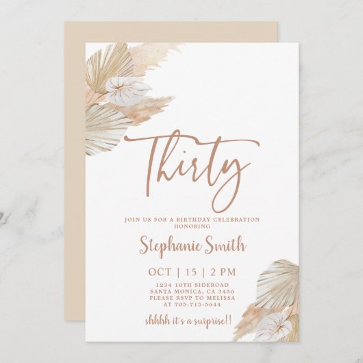 Pampas Grass 30th Birthday Invitation Kaart (Voorkant / Achterkant)