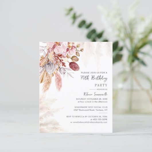 Pampas Grass 70th Birthday Party Chic Invitation (Staand voorkant)