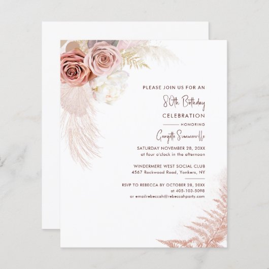 Pampas Grass 80th Birthday Terracotta Invitation (Voorkant / Achterkant)