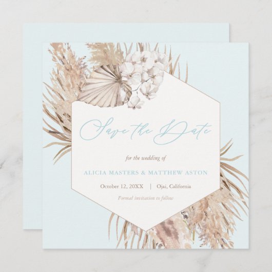 Pampas Grass Aqua Neutrale Bruiloft Save The Date (Voorkant / Achterkant)