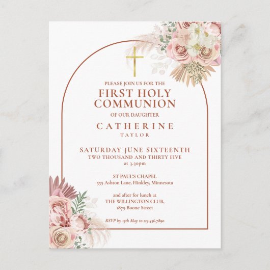 Pampas Grass Arch First Heilige Communie Uitnodiging Briefkaart (Voorkant)