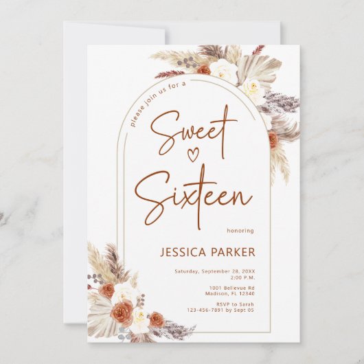 Pampas Grass Arch Terracotta Boho Zoet Zestien Kaart (Voorkant)