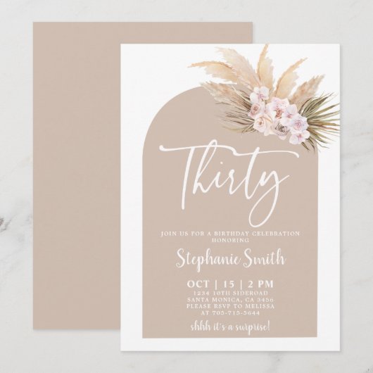 Pampas Grass Arch Thirty Birthday Invitation Kaart (Voorkant / Achterkant)