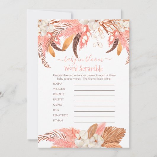 Pampas Grass Baby shower Word Scramble Game Kaart (Voorkant)
