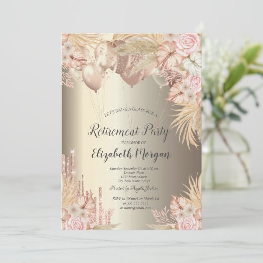 Pampas Grass Balloons Champagne Retirement Kaart (Staand voorkant)