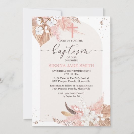 Pampas Grass Baptism Invitation Desert Boho Arch Kaart (Voorkant)