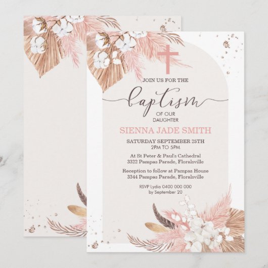 Pampas Grass Baptism Invitation Desert Boho Arch Kaart (Voorkant / Achterkant)