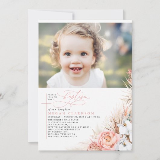 Pampas Grass Baptisme Foto van Roze Floral Kaart (Voorkant)