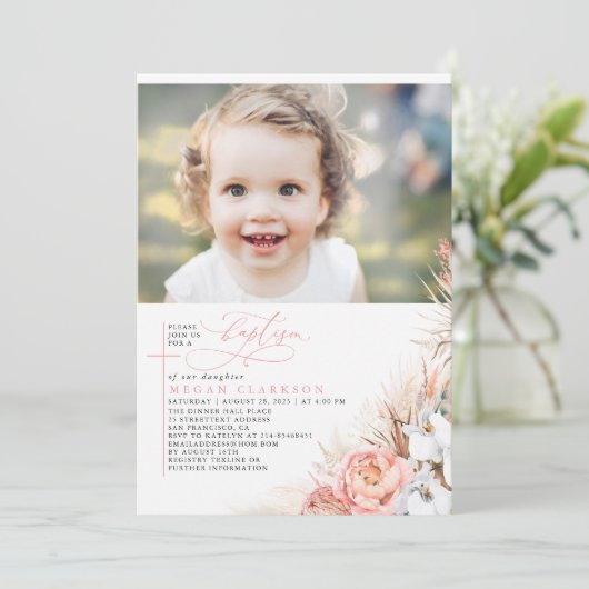 Pampas Grass Baptisme Foto van Roze Floral Kaart (Staand voorkant)